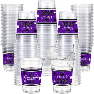 Funnymoom 100 Pcs 16oz 2026 Graduation Cups Disposable Graduation Plastic Cups Class of 2026 Celebration Grad Party Favors(Purple, Black)