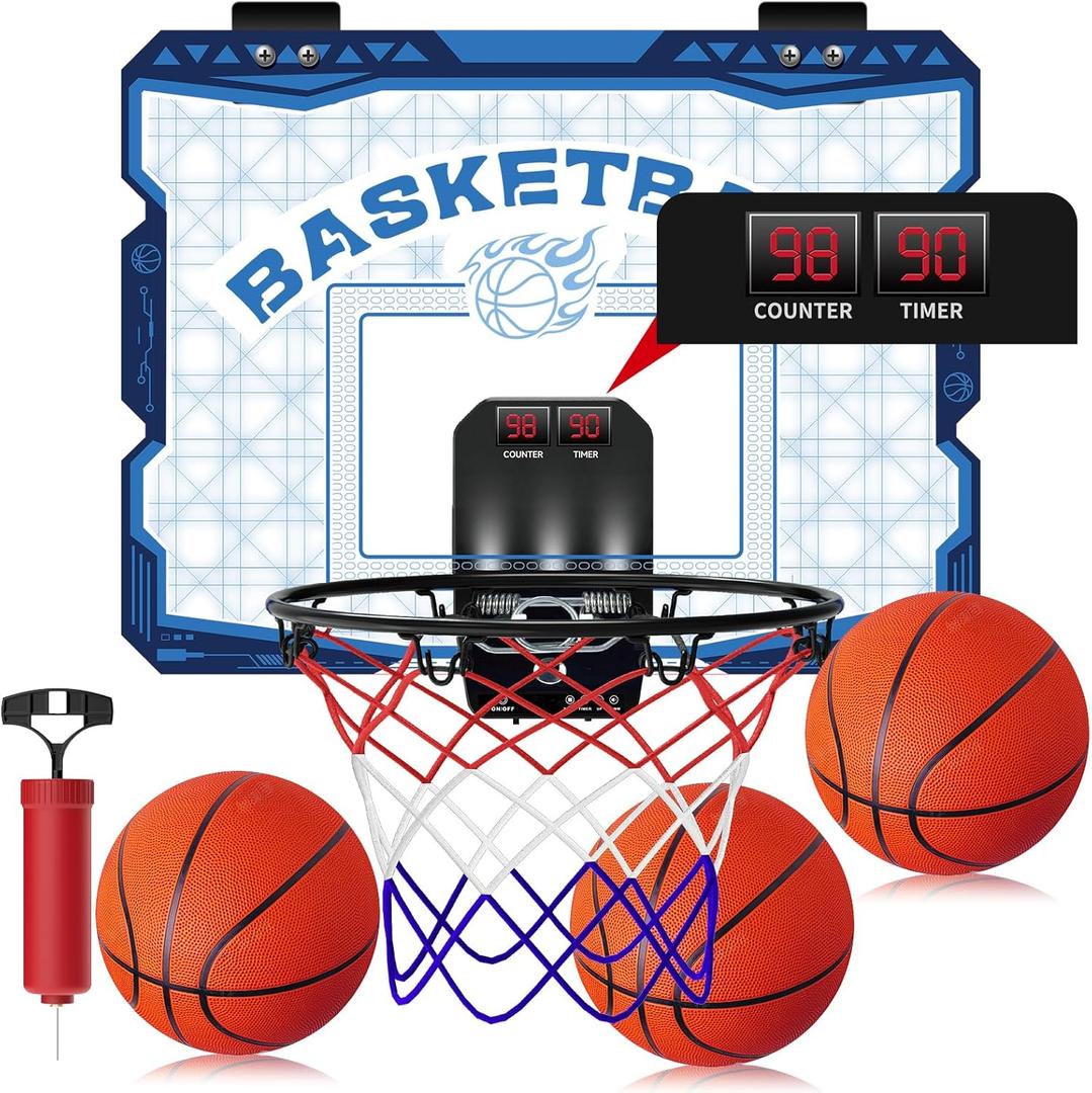 Upgraded LED Light Indoor Mini Basketball Hoop - Door Mount Sports Basketballs Toys with Scoreboard/3 Balls,Birthday for 6-8 8-12 Year Old Boys Adult Teenage(Navy Blue)