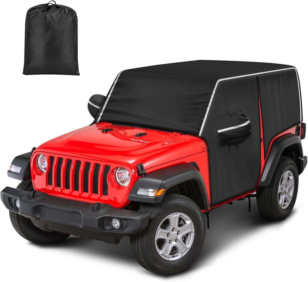 Waterproof Cab Covers Fit for Wrangler 2007-2025 JK JL 2 Door, Scratchproof Inner Cotton Car Cover with Driver Door Zipper Windproof Straps All Weather UV Protection