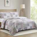 Brilliant Sunshine Roses Toile Quilt Set, 3-Piece Bedding Sets Traditional Lively Patchwork Design, Washable and Reversible Bedspread, Soft Lightweight Coverlet, All-Season, King/Cal King, Blue Pink