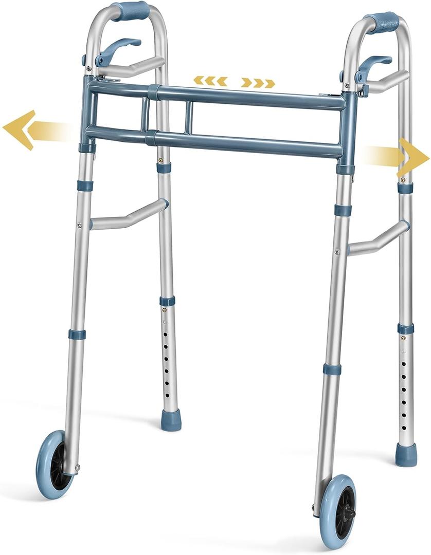 Medical king Walkers for Seniors Aluminum Lightweight Walker with Wheels, Adjustable Width and Height, Folding Walker for Elderly, Handicapped, Disabled 2 Wheels in Front
