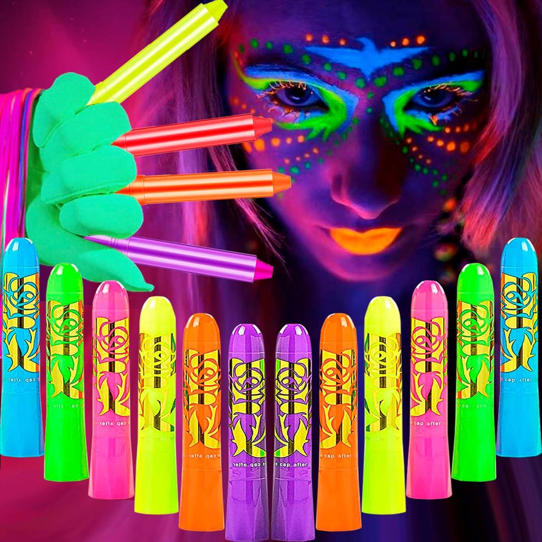 12 Pcs Glow in The Dark Body Face Paint Neon Glow in The Black Light UV Fluorescent Crayons Paint Glow Crayons Neon Fluorescent Face Painting Makeup Kit for Birthday Party Halloween Glow Party Makeup