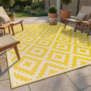 FH Home Outdoor Camping Rug - Waterproof, Fade Resistant, Reversible - Premium Recycled Plastic - Geometric - Large Patio, Deck, Sunroom, RV - Aztec - Yellow & White - 9 x 12 ft Foldable