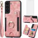 Phone Case for Samsung Galaxy S22 Plus S22+ 5G Wallet Cover with Screen Protector and Wrist Strap Lanyard RFID Credit Card Holder Ring Stand Cell Accessories S22+5G S22plus 22S + S 22 22+ Women Pink