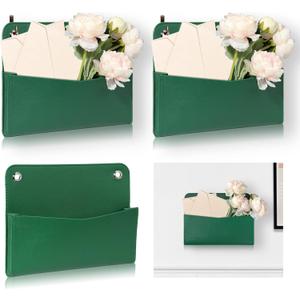 3 PCS Wall Mount PU Leather Mail Holder Green Faux Leather Letter Holder Stylish Wall Hanging Mail Storage 2 Ring Wall Mail Organizer for Flowers Envelope Key Notebooks Home Office Decor