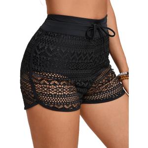 Women's Lace High Waisted Swim Shorts Boy Shorts Bathing Suit Bottoms Bikini Board Shorts Swimsuit (Black, XXL)