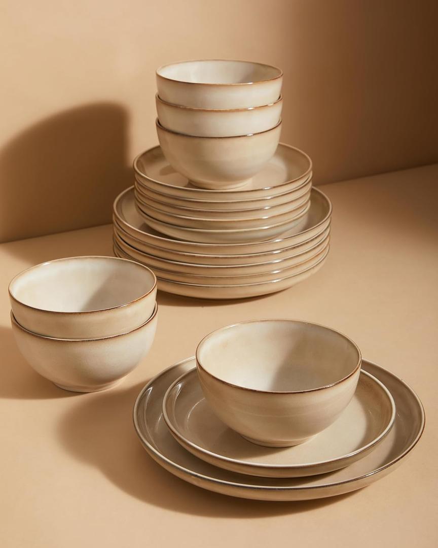 Pokini Stoneware Dinnerware Sets for 6, 18pcs Plates and Bowls Sets Dishes