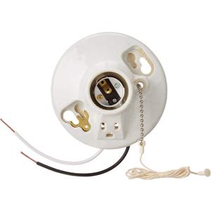 Leviton Glazed Porcelain Incandescent Lampholder with Pull Chain and Grounding Outlet, 9726-C2