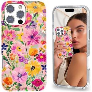 Ratcase Magnetic for iPhone 16 Pro Case Cute for Women Girls, Home Button Stickers,[Drop Protection] with Slim Colorful Flowers Heart Oil Painting Girly Phone Case for iPhone 16 Pro