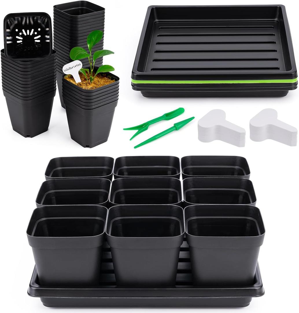 Seed Starter Tray Kit 3.5" Square Nursery Pots Trays 50 Pcs 9 Cell Seed Starting Pots with Drainage Holes 5 Seed Starting Trays 20 Plant Labels, Planting Tools and 1 Pen Planter Nursery Propagation