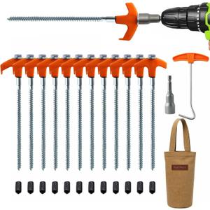 12-Pack Heavy Duty Screw-in Tent Stakes with Drill Adapter & Storage Bag, 8 Galvanized Ground Anchors for Camping, Canopy, Gazebo, Tents, Awnings, Trampolines & Outdoor Securing