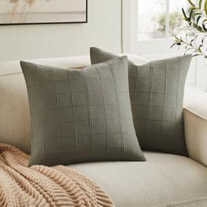 ZeeMart Linen Checked Throw Pillow Covers Set of 2, 16x16 Inch Olive/Cream, Farmhouse Decorative Single Sided Grid Embroidered Couch Pillow Cases Green Cotton Linen Cushion Covers