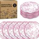 100 Pieces Pink Flower Paper Plates 7 Inches Disposable Floral Paper Plates Scalloped Pink and White Chinoiserie Vintage Flower Dessert Plates for Wedding Birthday Holiday Party Supplies