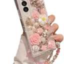 for Samsung Galaxy Z Fold 6 5G Case,Luxury Crystal Rhinestone Flowers Glitter Diamond Pearl Cover Case with Flower Strap for Galaxy Z Fold 6 for Girls Women (Pink)