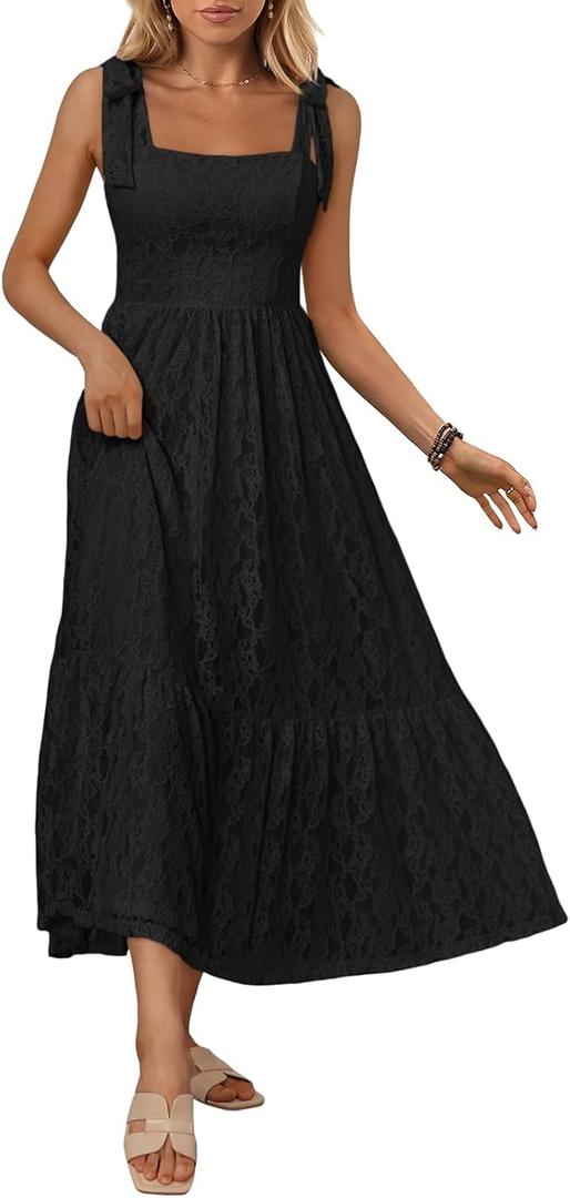 LILLUSORY Womens Maxi Summer Dresses Sun Sundress Flowy Lace Floral Beach Vacation Casual Smocked Bridal Shower Maternity Easter Spring Outfits Boho Long Ladies Clothes 2025 Fashion Black L