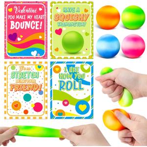 OCHIDO 24Packs Kids Valentines Day Cards with Squeeze Ball Set, Valentines Day Gifts for Kids Classroom Exchange School Prizes, Valentines Party Favors Stretchy Balls Sensory Toys for Girls Boys