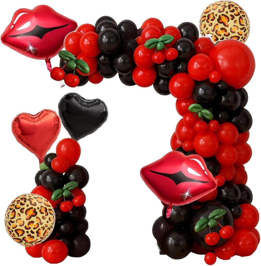 142pcs Cheetah Balloon Arch Kit - Red Black and Cheetah Birthday Decorations with 4D Leopard Print BalloonsCherry Lips Balloons for Baby Shower,Girls NightBachelorette PartyCherry Theme Decor