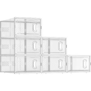 BALEINE 6 Pack Stackable Shoe Storage Boxes Fit Size 9, Thickened Clear Shoe Box Bins with Lids, Plastic Foldable Shoe Rack Organizer Sneaker Storage Containers (Large, White)