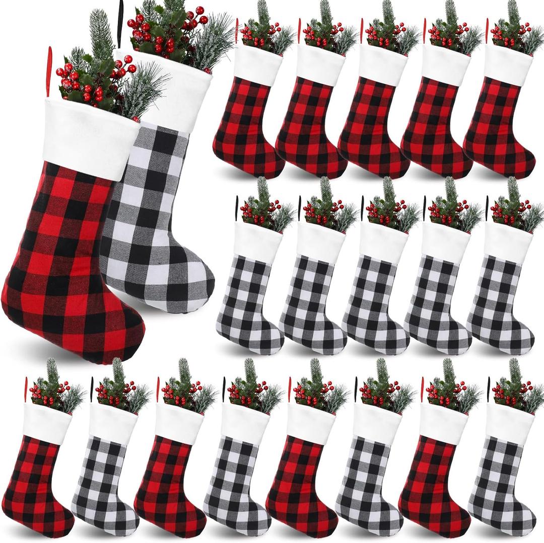 Seematn 20 Pcs Christmas Buffalo Plaid Stockings 18 Inch Xmas Black Red White Plaid Stockings with Plush Cuff Hanging Buffalo Plaid Christmas Stocking for Xmas Home Fireplace Holiday Party Decor