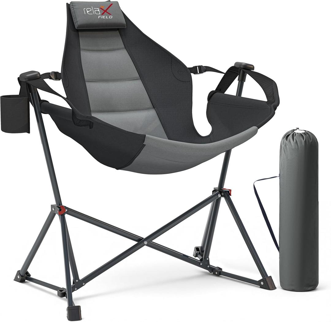 Hammock Camping Chair with Adjustable Backrest, 350LBS Heavy Duty Oversized Swinging Chair Portable Folding Rocking Chair with Pillow Cup Holder for Outdoor Beach Camping Patio, Black