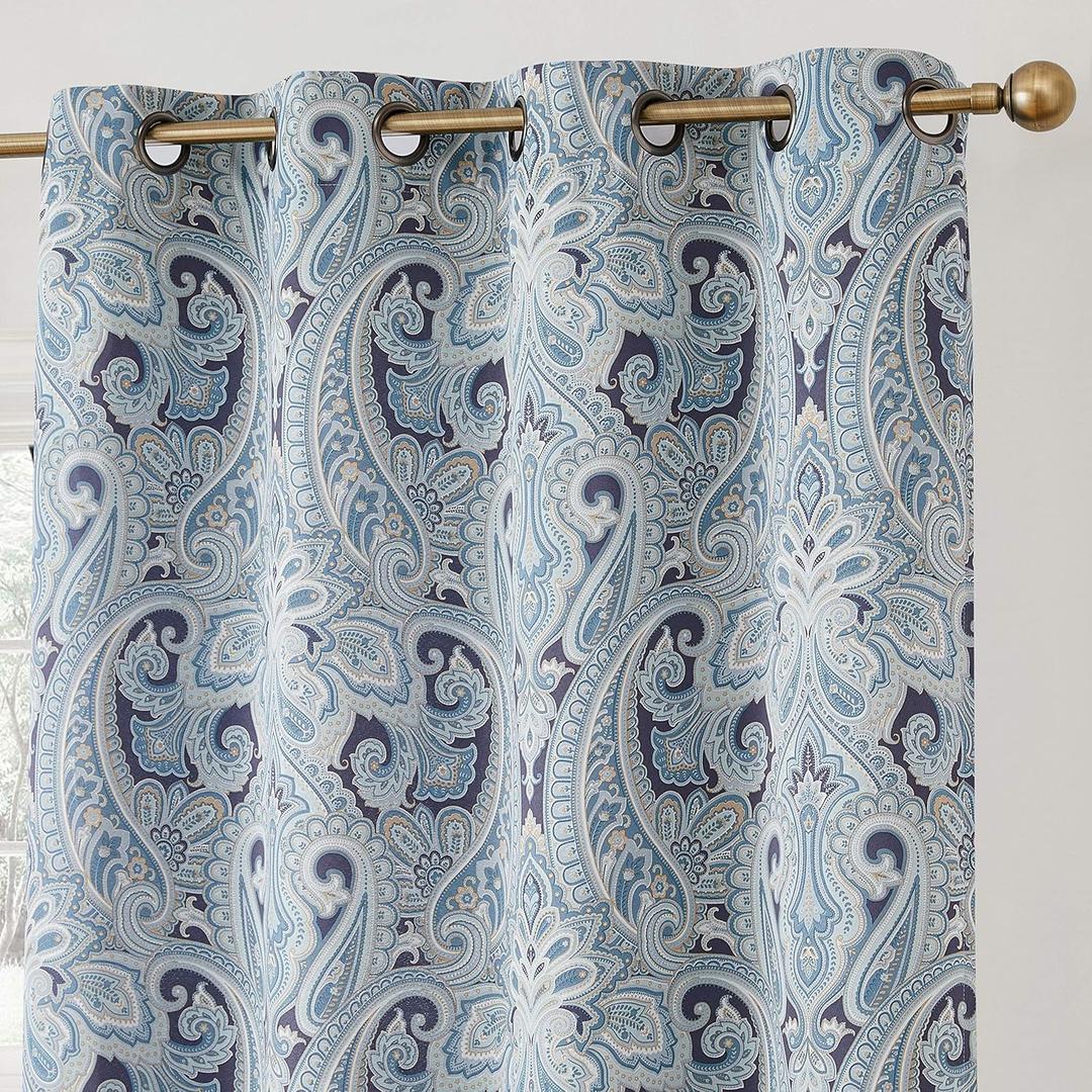 HLC.ME Paris Paisley Decorative Pattern Print Damask Pattern Light Reducing Grommet Window Curtain Panels for Bedroom - Set of 2 (50 W x 84 L Long, Blue)