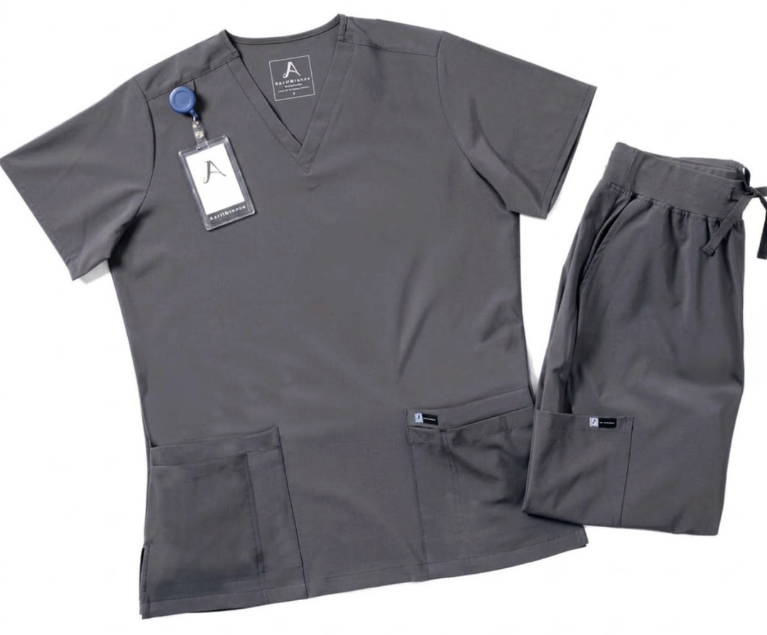 Scrubs for Women Set Jogger Style, Moisture Wicking 4-Way Stretch V-Neck Top & Pants with 9 Large Pockets Gray, 2X Large