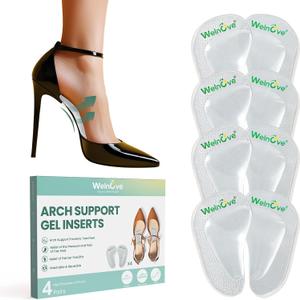 Arch Support Inserts Flat Feet - Welnove 4-Pair Gel Arch Support Insoles for Plantar Fasciitis, Foot Pain Fatigue Relief - Soft Heel Pads Adhesive Fit Most Shoes, Men Women, 0.47" Height (Clear)