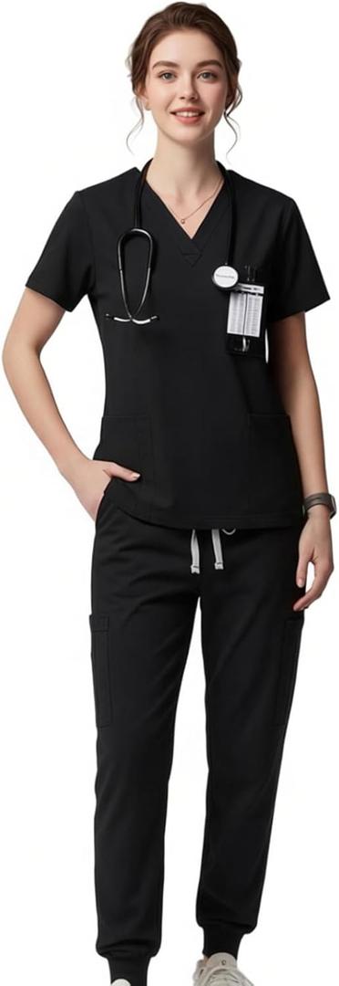 Scrubs for Women Set, Stretchy Breathable Nurse Scrub Top with Pockets for Hospital Dental Clinic Spa (Large, Black)
