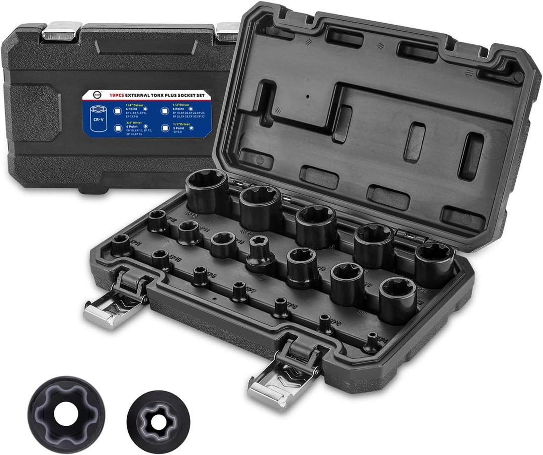 AKM 19PCS External Torx Plus Socket Set,6 Point EP Socket EP4-32 with 1/2 3/8 1/4'' Dr. EP8.8 compatible with Tesla, E-Torx Star Torque Sockets Set, Cr-v steel with High Impact Storage Case