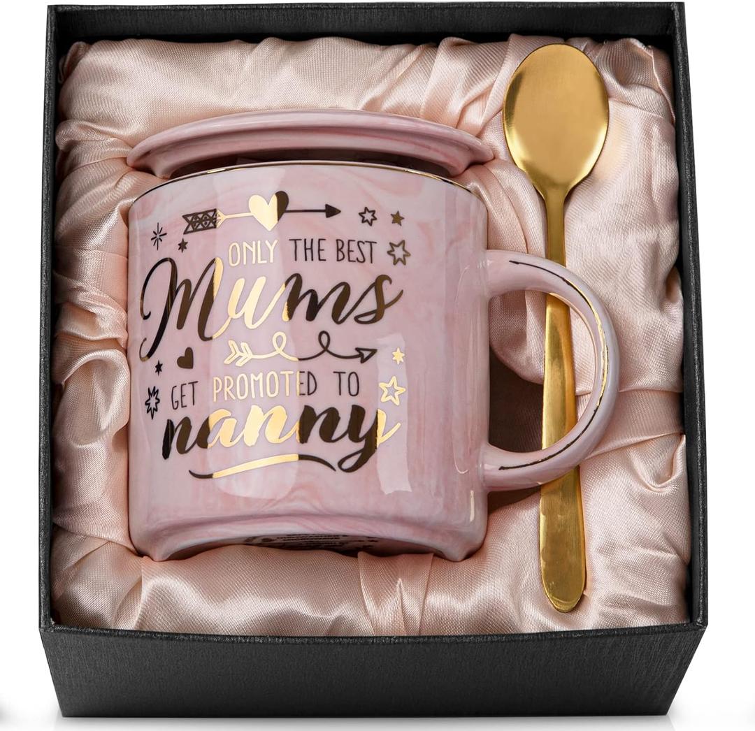 Best Nanny Gifts for Mothers Day, 14oz Pink Marble Ceramic Coffee Mug with Gold Print, Presents for Grandma from Grandkids, Mother's Day Thanksgiving Day Birthday Christmas for Nanny, Nice Gift Boxed