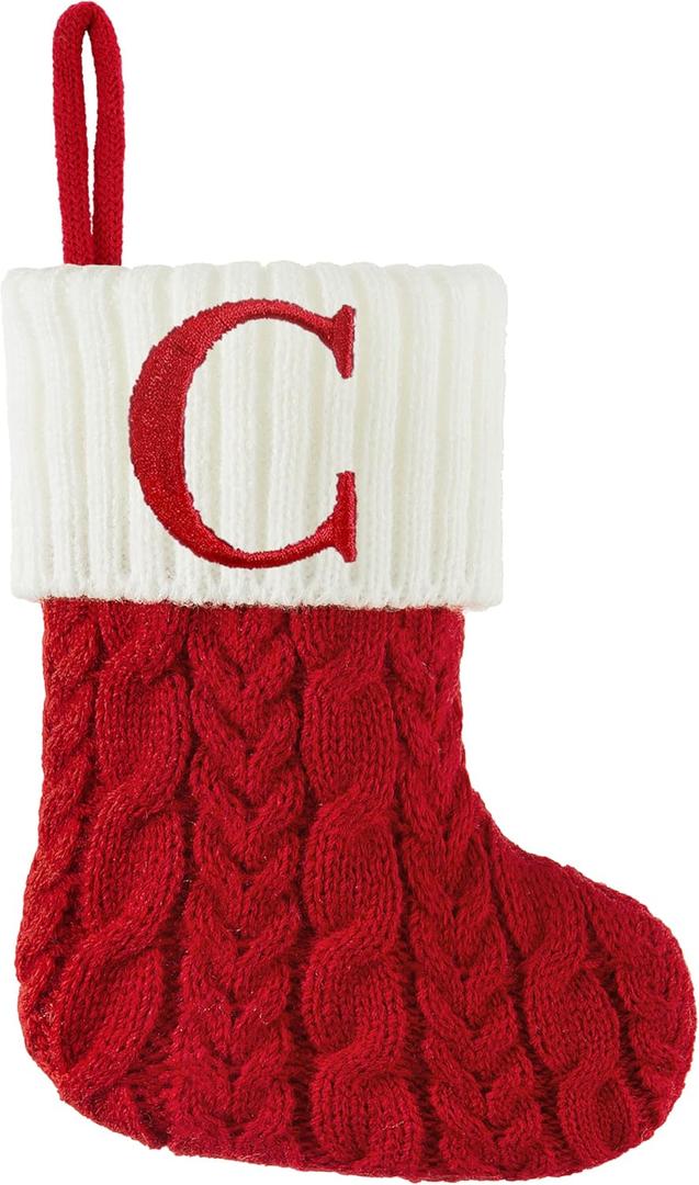 Christmas Stockings with Initials, 7 Inch Mini Letter Stocking, Embroidered Small Red White Cable Knitted Christmas Decoration for Home Family Holiday Xmas Tree Fireplace Gifts-Letter C