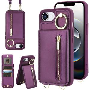 Jcxtrombulou Crossbody Wallet Case for iPhone 16E/17E with Lanyard Strap Card Slot Holder RFID Blocking 360 Ring Kickstand,Magnetic Flip Folio Zipper Purse Case, PU Leather Cover Handbag,Deep Purple