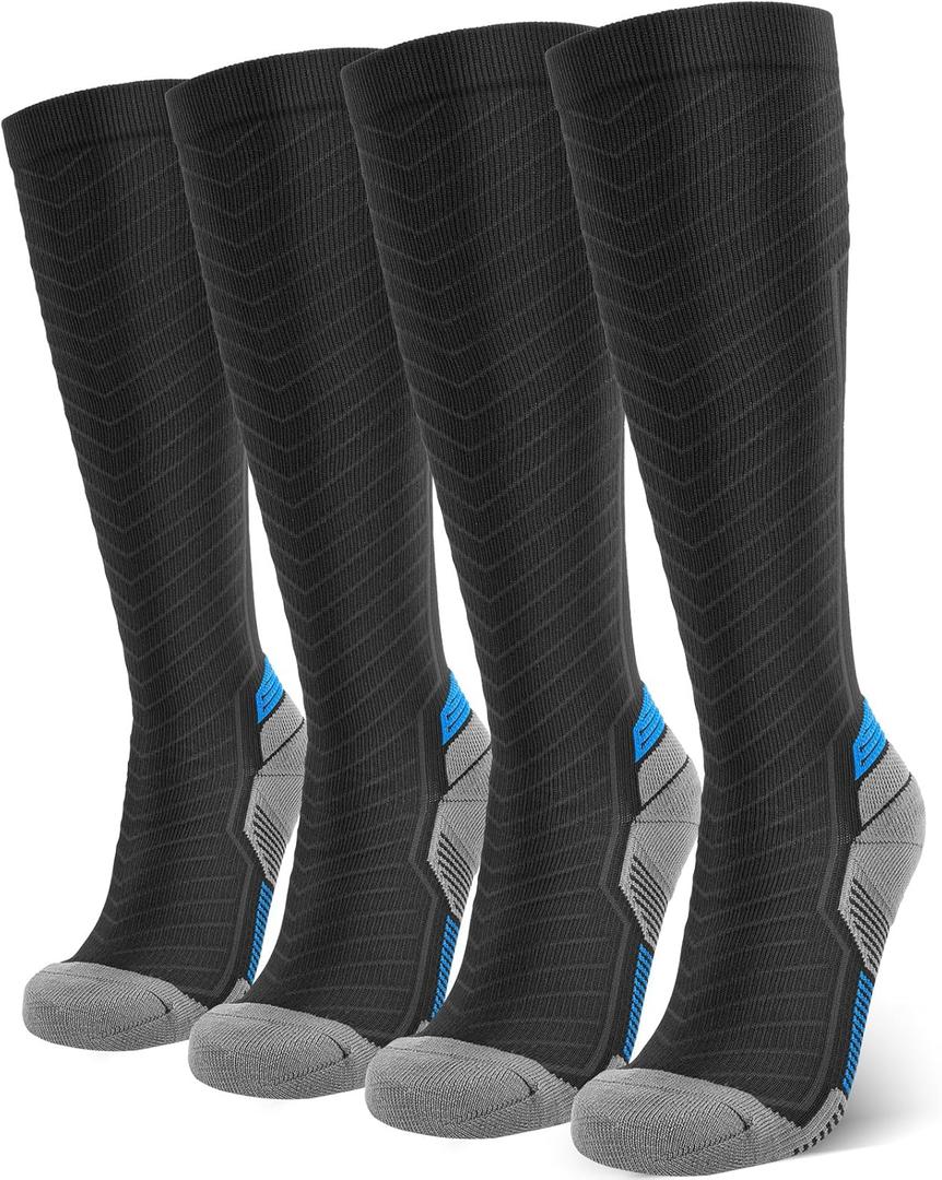 Compression Socks for Men & Women 20-30 mmHg Graduated Compression Knee High for Running, Athletic (Xx-large, (2 Pairs) Black With Egyptian Blue)