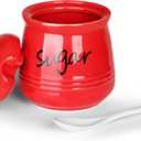 HAOTOP 12oz Sugar Bowl with Lid and Spoon,Ceramic Sugar Jar Sugar Dispenser Sugar Container Coffee Bar Accessories, Kitchen Countertop Canisters, Red