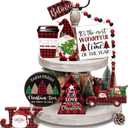 Christmas Tiered Tray Decor 8 PCS Xmas Decorations Indoor - Believe Merry Christmas Table Decor Wooden Signs - Xmas Farmhouse Decor 3 Tier or 2 Tier for Home Room Kitchen Mantel Holiday (Red & Black Buffalo Plaid)