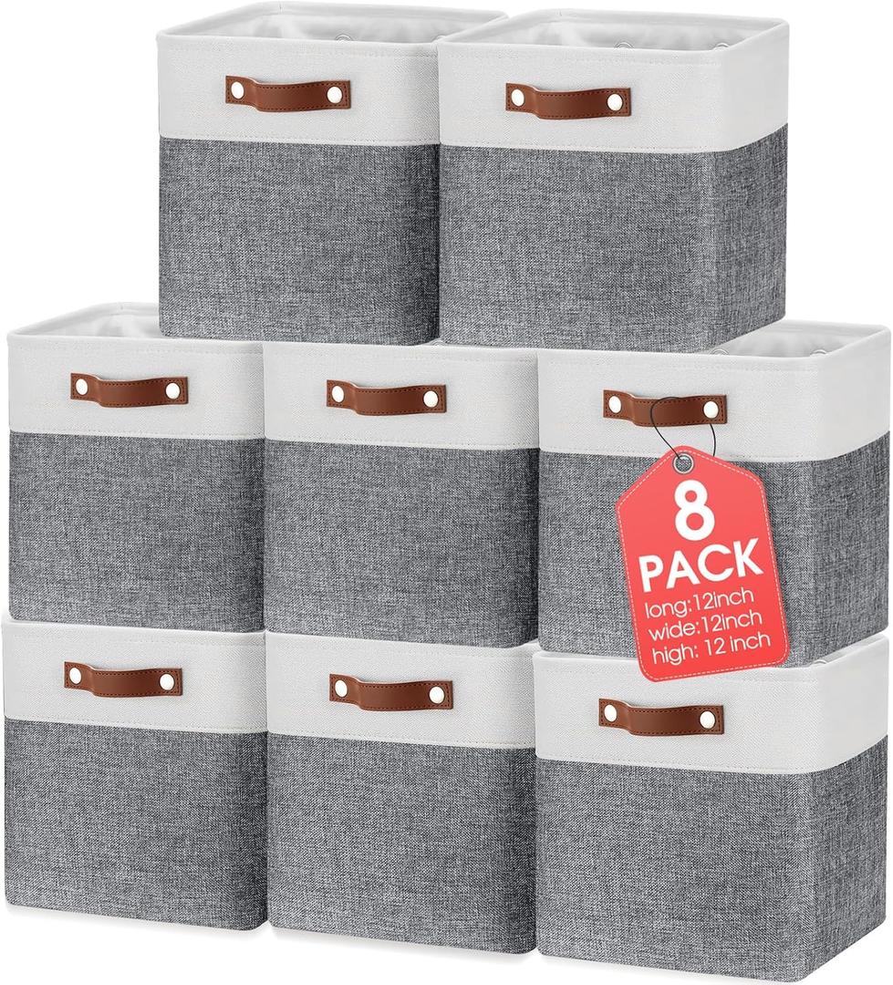 Uiifan 8 Pack 12 x 12 x 12 Inch Large Storage Baskets Collapsible Fabric Storage Cubes Bins with Handles for Shelves Closets Nursery Home Clothes Toys Organizers, Gray
