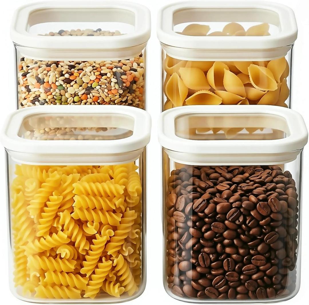 4pcs Square Glass Pantry Storage Jars Set with Glass Lids 1.22Qt - Airtight Stackable Kitchen Canisters Sets for Pasta, Cereal, Flour, Snacks | 40floz Glass Pantry Storage Containers