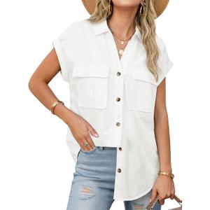 Sidefeel Women's Denim Shirt Button Down V Neck Short Sleeve Jean Shirts Trendy Casual Loose Denim Tops with Oversized Fit (White, S)