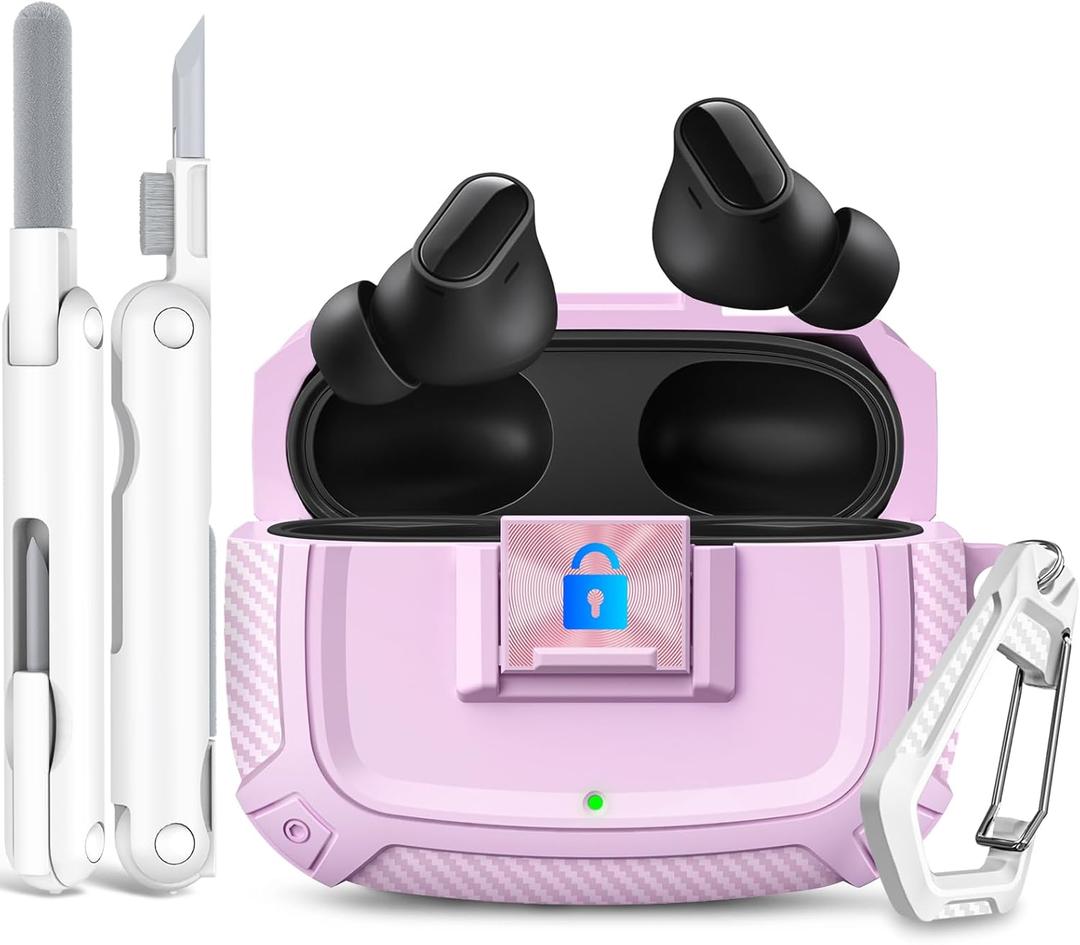 Sucure Lock Case for Beats Studio Buds/Buds Plus Locking Case Cover with Lock Clip & Cleaner Kit Pen, Buds + 2023 Impact and Smudge Resistant Case Cover with Men Women (Pink)