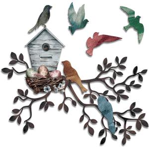 Tatuo Metal Bird Wall Art Birds on The Branch Wall Decor Hanging Metal Sculpture Silhouette Tree with Birdhouse for Living Room Tree Leaf Decor for Indoor Outdoor Garden Bedroom Office Home Party