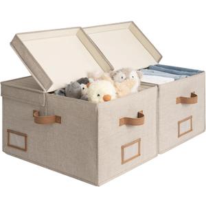 StorageWorks Large Clothes Storage Bins, Fabric Boxes with Divider Board, Baskets for Clothes, Linen Closet Organizers with Lid, Mixing of Brown & Beige, 2-Pack