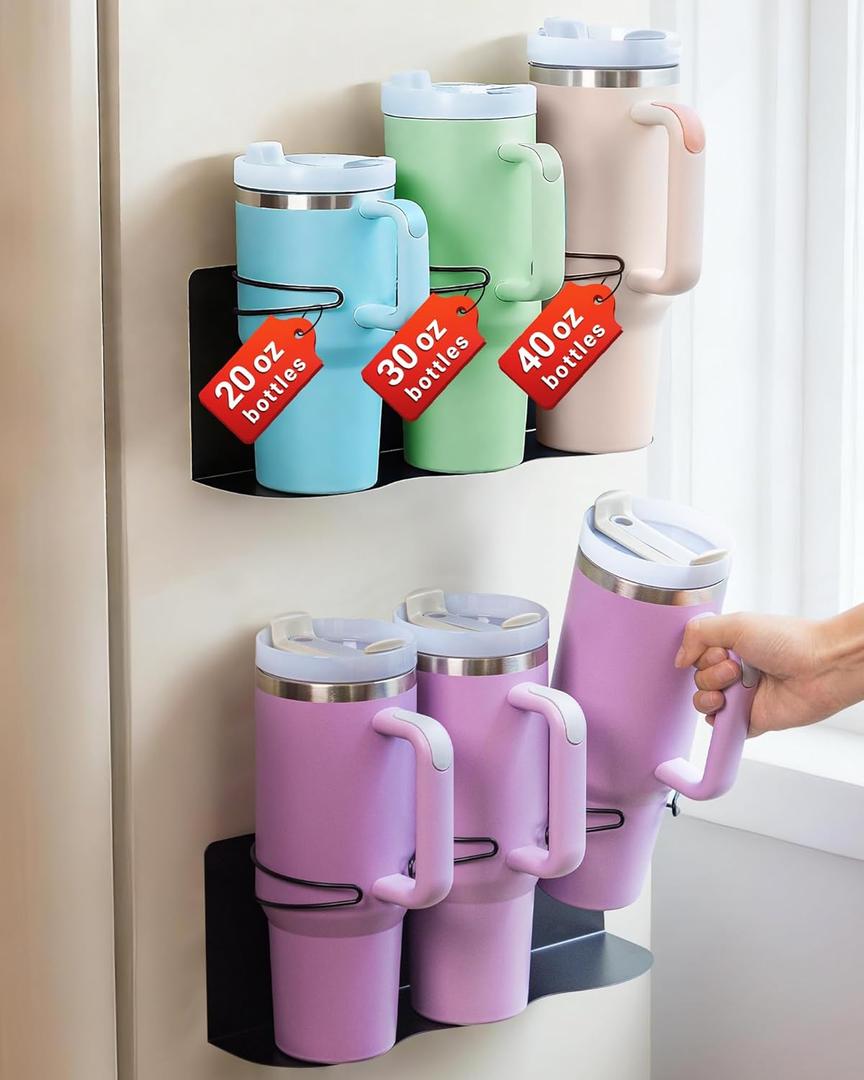 Magnetic Cup Holder for Fridge, 2 Pack Water Bottle Organizer for Stanley Cup Accessories 20/30/40 oz, Wall Mount Tumbler Organizer for Space-Saving Kitchen Pantry Cabinet Storage, Black