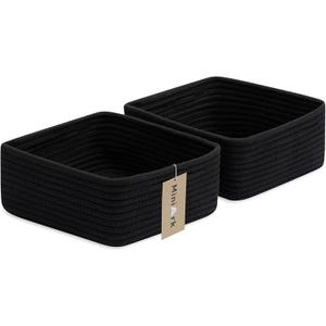 MiniArk Small Square Shallow Baskets for Organizing, 9.7x9.7x4.3 Inch Rope Woven Storage Bins for Cubes Closet, Shelves Storage, Boho Decorative Basket, 2 Packs Black