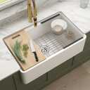 White Farmhouse Sink Workstation 33 Inch, Farm Sink Fireclay Apron Front Single Bowl Basin, Farmers Sink for Kitchen, Drop-in Undermount Kitchen Sink