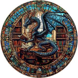 WOODBESTS Wooden Puzzles for Adults (100 Piece, S, 8.5"x8.5") Dragon's Library Puzzle Adult Puzzles, Wooden Jigsaw Puzzles Unique Shape, Birthday Gifts for Adults Family Game