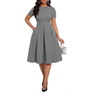 WUSENST Church Dress for Women Short Sleeve A Line Elegant Midi Dresses Wedding Cocktail Tea Party Evening Dress (Gray, L)