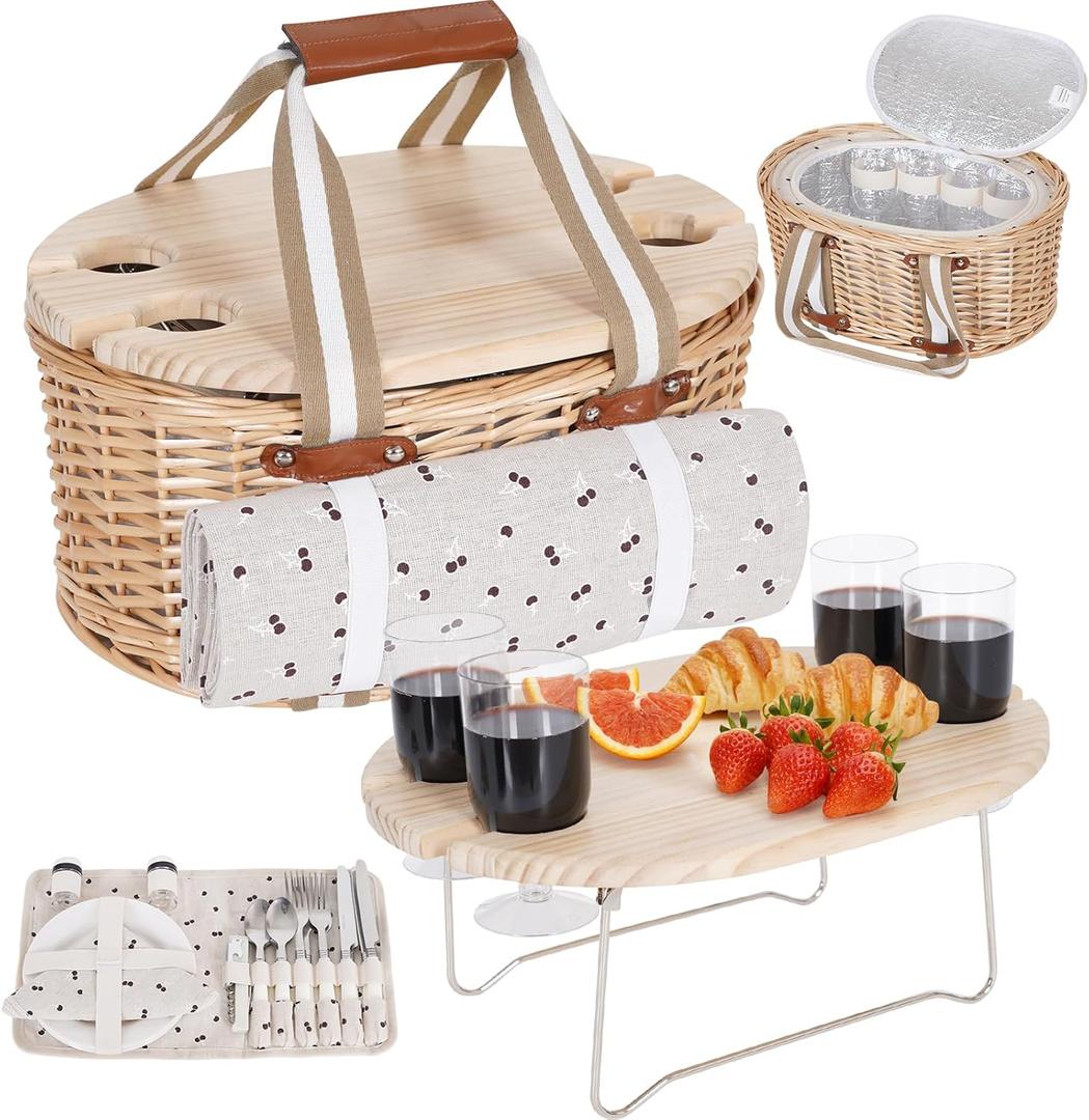 Picnic Basket Set for 4 - Wicker Insulated Picnic Basket with Waterproof Blanket, Folding Wine Picnic Table & Cutlery Kits, Picnic Baskets Kit for Camping, Outdoor, Valentine (Cherry)