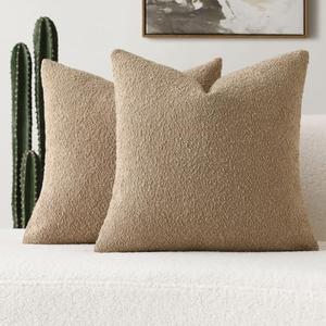 FUTEI Pack of 2 Khaki Decorative Throw Pillow Covers 16x16 Inch Soft Cozy Solid Boucle Textured Cushion Case,Modern Home Decor for Couch Bed Living Room