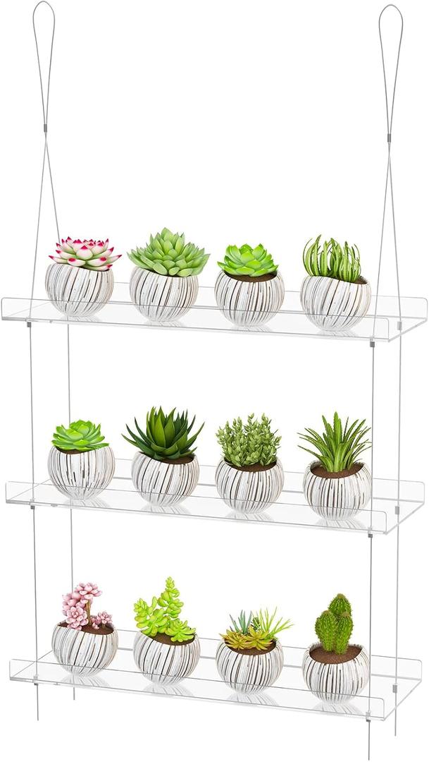 3-Tier Acrylic Hanging Plant Shelves - Height Adjustable Clear Acrylic Shelves for Windows - Perfect for Indoor Gardens, Kitchen Window Displays of Flowers, Succulent Plants, and Seedling Growth