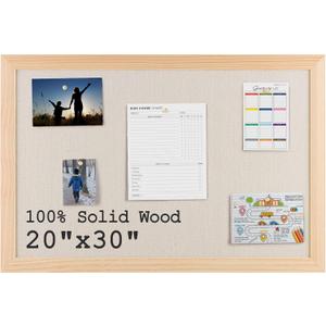 Bulletin Board Cork Board with Linen, 100% Wood Framed 30" x 20" Bulletin Board Decorations, Pin Boards for Walls, Wall Mounted Fabric Picture Board with 10 Pushpins for School, Home & Office, Natural
